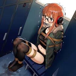 ai_generated arms_tied_behind_back bondage bound_ankles bound_legs brown_eyes gag gagged headphones locker_room megane no_shoes orange_hair persona persona_5 sakura_futaba scared sitting tape_gag