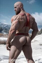 1boy ai_generated aimuscles ass_visible_under_skirt back_view bald bald_man bara bare_ass barely_clothed barely_covered beard big_ass big_butt bubble_ass bubble_butt daddy dilf exposed_ass facial_hair from_behind god_of_war kratos large_ass large_butt looking_at_viewer looking_back_at_viewer male male_focus male_only mature_male muscles muscular muscular_arms muscular_ass muscular_back muscular_legs nature nature_background older_male outdoor_nudity outdoors partially_clothed_male partially_nude partially_undressed public_exposure red_markings red_skirt round_ass round_butt scantily_clad seductive seductive_pose showing_ass showing_off_ass slutty_clothing slutty_outfit slutty_pose snow snowy_background thick_ass thick_thighs warrior winter