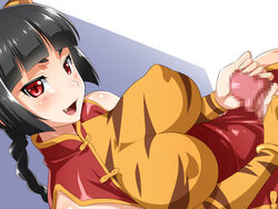 animal_ears black_hair blush breasts bridal_gauntlets censored china_dress chinese_clothes cute_fang etotama female large_breasts long_hair open_mouth penis r44 red_eyes shima-tan smile tied_hair tiger_print twintails