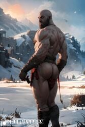 1boy ai_generated aimuscles ass_visible_under_skirt bald bald_man bara barely_clothed barely_covered beard big_ass big_butt bubble_ass bubble_butt daddy dilf exposed_ass facial_hair god_of_war kratos large_ass large_butt looking_at_viewer looking_back_at_viewer male male_focus male_only mature_male muscles muscular muscular_arms muscular_ass muscular_back muscular_legs nature nature_background older_male outdoor_nudity outdoors partially_clothed_male partially_nude partially_undressed public_exposure red_markings red_skirt removing_clothing removing_skirt round_ass round_butt scantily_clad seductive seductive_pose showing_ass showing_off_ass slutty_clothing slutty_outfit slutty_pose snow snowy_background stripping thick_ass thick_thighs warrior winter