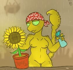 anthro arachnid arthropod bandana breasts dunwichdaddy female green_eyes nipples nude pussy scorpion spray_bottle sunflower tagme yellow_body yuma_(dunwichdaddy)