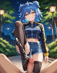 ai_generated blue_frog blue_hair cropped_jacket cum cum_on_feet denim_shorts dominant_female ejaculation hair_buns male night original_character park penis pov pov_eye_contact public_indecency smiling standing standing_footjob teasing teasing_viewer thighhighs yellow_eyes