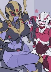 2girls anger_symbol arcee autobot ball_gag beast_wars big_breasts blackarachnia blackarachnia_(tfa) blush bondage collar dominant_female female female_only femdom gag gagged konro_yoyogei lesbian lezdom predacon robot_girl transformers transformers:_beast_wars transformers_animated yuri