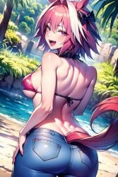 1girls :d ai_generated animal_ears animal_tail ass astolfo_(fate) back bangs bare_shoulders beach bikini bikini_top bikini_under_clothes black_bikini black_bow blue_sky blush bow breasts collar cowboy_shot curtains_match_windows day denim eyebrows_visible_through_hair fate/grand_order fate_(series) female from_behind genderswap_(mtf) grass hair_between_eyes hair_intakes hairbow horse_ears horse_girl horse_tail jeans kemonomimi_mode large_breasts light-skinned_female light_skin long_hair looking_at_viewer looking_back multicolored_hair nail_polish ocean open_mouth outdoors palm_leaf palm_tree pants pink_eyes pink_hair purple_eyes red_bikini rule_63 sand shiny shoulder_blades skin_fang skindentation sky smile solo standing streaked_hair swimsuit tail thighs tree underboob very_long_hair water white_hair