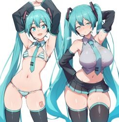 2girls :d :o alternate_breast_size aqua_eyes aqua_hair aqua_necktie armpits arms_up bikini black_panties black_skirt black_sleeves black_thighhighs blush boots breasts canon_vs_fanon commentary commentary_request detached_collar detached_sleeves gluteal_fold hatsune_miku hatsune_miku_(collared_bikini) highres kamidan large_breasts leg_tattoo long_hair looking_at_viewer meme meme_attire microphone midriff miku_collar_bikini multiple_girls navel necktie number_tattoo open_mouth panties pleated_skirt simple_background skindentation skirt small_breasts smile stomach striped_bikini striped_clothes sweat swimsuit tachi-e tattoo tattoo_on_thigh thigh_boots thighhighs twintails underwear very_long_hair vocaloid