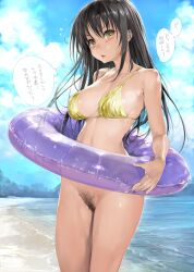 beach bikini black_hair blue_sky bottomless breasts brown_hair cloud commentary_request cowboy_shot female female_pubic_hair holding holding_swim_ring innertube ishikei kotegawa_yui large_breasts long_hair looking_at_viewer medium_breasts navel ocean outdoors paid_reward_available parted_lips pubic_hair sideboob sky solo speech_bubble standing swim_ring swimsuit thighs thought_bubble to_love-ru translation_request yellow_bikini yellow_eyes