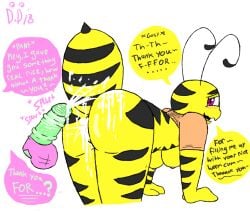 after_sex antennae anthro ass bee bent_over blush breasts comic cum_in_pussy dialogue dunwichdaddy ejaculation english_text female greta_(dunwichdaddy) insect_abdomen insects male nipples penis pink_eyes shirt_only striped_body tagme underboob yellow_skin