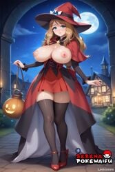 ai_generated big_breasts black_stockings black_thighhighs blue_eyes breasts breasts breasts_out brown_hair dress game_freak heels nintendo red_heels serena_(pokemon) stockings thick_thighs thighhighs thighs witch witch_hat