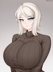 1girls artist_name big_breasts blue_eyes breasts expressionless faust_(limbus_company) female female_only gradient_background grey_background huge_breasts limbus_company looking_at_viewer megamoo mole mole_under_eye neutral_expression project_moon short_hair solo sweater sweater_puppies turtleneck_sweater upper_body white_hair