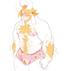 1boy anthro anthro_only arm_tuft asgore_dreemurr bara beard blonde_hair body_hair boxer_briefs boxers boxers_(clothing) bulge chubby chubby_male crown dad_bod daddy deltarune dilf facial_hair feet furry furry_only goat hairy hairy_male horn horns long_ears male_only muscular muscular_male pubic_hair smiling smiling_at_viewer solo solo_focus standing undertale undertale_(series) underwear underwear_only