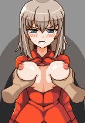 1boy animated blush breast_grab breast_squeeze breast_squish breasts breasts_out female female_focus girls_und_panzer heart-shaped_pupils itsumi_erika large_breasts looking_at_viewer nipples open_mouth pixel_art pov saitou_kakkou squeezing_breast