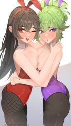 2girls :o ;d amber_(genshin_impact) amber_eyes breasts breasts_outside brown_hair bunny_costume bunny_ears bunny_girl bunnysuit clothed clothed_female collar embarrassed female fishnets genshin_impact green_hair kuki_shinobu light-skinned_female light_skin looking_at_viewer multiple_girls nipples pinkius purple_eyes shy small_breasts thick_ass thick_thighs tights wink winking winking_at_viewer