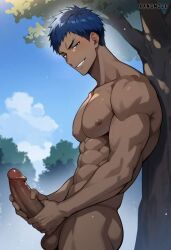 1boy abs ai_generated aomine_daiki back_against_tree beefcake beefy big_penis blue_eyes blue_hair blush brown_skin cocky cocky_grin cocky_smile daiki_aomine dark-skinned_male dark_skin hands_on_chest hands_on_cock hands_on_penis hunk kangmzze kuroko_no_basuke large_penis male male_boobs male_breasts male_only masturbation muscular muscular_male outdoors penis salivating smirk smirking smirking_at_viewer solo solo_male tree trees two-handed_masturbation two-handed_stroking