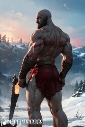 1boy ai_generated aimuscles bald bald_man bara barely_clothed barely_covered beard daddy dilf facial_hair god_of_war kratos looking_at_viewer male male_focus male_only mature_male muscles muscular muscular_arms muscular_ass muscular_back muscular_legs nature nature_background older_male outdoor_nudity outdoors partially_clothed_male partially_nude partially_undressed public_exposure red_markings red_skirt scantily_clad snow snowy_background winter