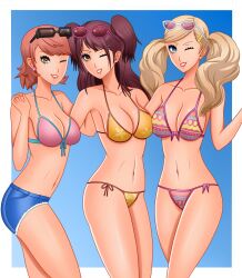 3girls ann_takamaki atlus bikini blonde_hair breasts brown_hair brown_hair_female cleavage female female_focus female_only hourglass_figure kujikawa_rise light-skinned_female light_skin long_hair long_hair_female looking_at_viewer lovers_arcana megami_tensei multiple_girls one_eye_closed persona persona_3 persona_4 persona_5 rrl0215 sega simple_background swimsuit trait_connection twintails winking winking_at_viewer yukari_takeba