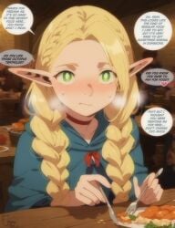 ai_generated blonde_hair blush comic comic_page delicious_in_dungeon dungeon_meshi elf elf_ears female marcille_donato meowtat