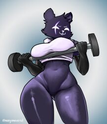 2024 anthro armwear barbell bear big_breasts black_armwear black_body black_clothing black_elbow_gloves black_fur black_gloves black_handwear black_latex bottomless bottomless_anthro bottomless_female breast_squish breasts clothed clothed_anthro clothed_female clothing elbow_gloves epic_games exercise eye_scar facial_scar featureless_crotch female fortnite fur gloves handwear hi_res latex latex_armwear latex_clothing latex_elbow_gloves latex_gloves latex_handwear looking_at_viewer mammal mangomaverick raven_team_leader scar solo squish standing topwear weightlifting white_clothing white_topwear workout