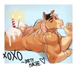 bara caked_up candle candlestick cap dirtymache equine furry gay happy_birthday huge_ass huge_butt muscular muscular_anthro muscular_male showing_ass showing_off_ass sucking_finger zourik