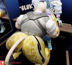 3d_(artwork) anthro asian_mythology ass big_butt camseven cheek_tuft clothed clothed_anthro clothed_male clothing cybernetic_hand cybernetics dialogue digital_media_(artwork) domestic_cat duo east_asian_mythology epic_games facial_tuft felid feline felis forbidden_pants fortnite fur fur_tuft hair hand_on_another's_head hand_on_head hi_res japanese_mythology kneeling machine male male/male mammal meowdas mirror mythology nekomata nyanja_(fortnite) oral patreon patreon_logo profanity sitting speech_bubble tail topwear tuft vest white_body white_fur yokai