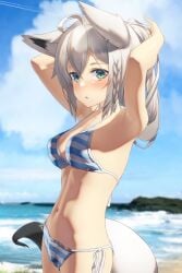 1girls ahoge animal_ear_fluff animal_ears antenna_hair armpit armpit_peek armpits arms_above_head arms_up bare_armpits bare_arms bare_back bare_belly bare_chest bare_hands bare_hips bare_midriff bare_navel bare_shoulders bare_skin bare_thighs belly belly_button bikini bikini_bottom bikini_only bikini_top blue_bikini blue_bikini_bottom blue_bikini_top blue_sky blue_string_bikini blue_swimsuit blue_swimwear blurred_background blurry_background breasts clouds collarbone day daylight daytime elbows exposed_armpits exposed_arms exposed_back exposed_belly exposed_chest exposed_hips exposed_midriff exposed_navel exposed_shoulders exposed_skin exposed_thighs female female_focus female_only green_eyes green_eyes_female grey_eyebrows grey_hair grey_hair_female hair_between_eyes hairless_armpits half_naked half_nude halterneck hand_behind_head hands_above_head hands_behind_head hands_up high_resolution highres hololive lean_figure long_hair looking_at_viewer midriff naked naked_female naked_woman narrow_waist navel nude nude_female nudity outdoor outdoor_nudity outdoors outside semi_nude shaved_armpits shirai_yu shirakami_fubuki shoulders side-tie_bikini sideboob sky slender_body slender_waist slim_waist small_breasts smooth_armpits solo standing string_bikini swimsuit swimwear upper_body virtual_youtuber vtuber vtuberfanart