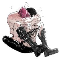 2boys abby_(kpop_demon_hunters) anal arms_around_neck back_tattoo belt belt_buckle black_belt black_boots black_hair black_pants boots breath buckle commentary_request cum cum_on_ass cum_on_body highres invisible_chair jinu_(kpop_demon_hunters) korean_commentary kpop_demon_hunters leather leather_pants leg_belt male male_focus male_penetrated multiple_belts multiple_boys open_pants pants pink_hair ppuaaang sex shoulder_blush simple_background sitting tattoo tiger_tattoo topless_male veins veiny_arms white_background yaoi