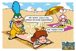 1boy 2girls ? anthro balls beach beach_towel beach_umbrella blue_hair cheating cheating_girlfriend closed_eyes commission cum cummed_on cumshot dialogue earrings ejaculation female furry furry_male genitals human human_female humanoid humanoid_female koopa koopaling larry_koopa light-skinned_female light_skin lying_on_stomach male mammal mario_(series) mature mature_female mature_male mushroom_humanoid nintendo nude nude_beach nude_female nude_male onomatopoeia open_mouth outdoors penis princess princess_daisy public public_nudity reptile royalty scalie speech_bubble speech_bubbles splat_(sound_effect) straight style_emulation style_imitation style_parody text text_bubble the_moss-man toadette unaware