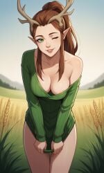 1girls ai_generated antlers ass bigmic145 breasts brown_hair cleavage critical_role critical_role:_vox_machina curvy dnd elf elf_ears fantasy female female_only freckles keyleth off_shoulder pointy_ear ponytail ribbed_sweater single_bare_shoulder sweater sweater_dress tease teasing the_legend_of_vox_machina
