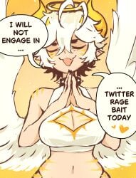 :3 alternate_costume angel angel_wings belly_button big_breasts black_hair black_nail_polish black_nails blaire_rune blairevt body_markings breasts cleavage cleavage_cutout closed_eyes cute_fang demon_horns dialogue eyes_closed gold_stripes hair_between_eyes halo halter_top halterneck heart_symbol horns indie_virtual_youtuber large_breasts nail_polish nonbinary oerba_yun_fang painted_nails pointy_ears prayer_hands praying short_hair skin_fang spiked_collar striped_body text thong_straps uwu virtual_youtuber vtuber white_hair
