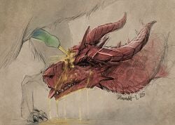 absurd_res ambiguous_gender bodily_fluids consent dragon feral genital_fluids genitals hi_res male markings mythological_creature mythological_scalie mythology peeing peeing_on_face peeing_on_head penis scalie urine urine_on_face watersports