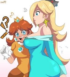 !? 2girls bare_shoulders blonde_hair blue_eyes brown_hair busty crown earrings hair_over_one_eye huge_breasts karbuitt light-skinned_female light_skin mario_(series) nintendo princess_daisy princess_rosalina staring_at_breasts