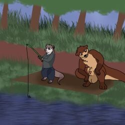 1:1 animal_genitalia anthro balls big_balls big_sheath blue_sky bottomwear brown_body brown_fur chest_tuft clothed clothing colored comic cover cover_art cover_page darkened_balls darkened_genitalia denim denim_bottomwear denim_clothing digital_media_(artwork) dirt_path duo feet fish_hook fishing_rod flat_colors fur genitals gesture grass green_clothing green_hoodie green_topwear hindpaw hoodie hook jameson jav_(zlite) jeans licking licking_lips lipsticking looking_down male mammal markings mustelid otter pants paws penis penis_tip plant river semi-anthro sheath shrub size_difference sky smile spots spotted_markings tail text tongue tongue_out topwear tree tuft water worm zlite