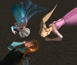 2010s 3girls anna_(frozen) blonde_hair death disney disney_princess elsa_(frozen) female frozen_(film) gray_hair kingdom_hearts misspussyfan princesses queen rapunzel_(tangled) red_hair ryona square_enix tangled unconscious xnalara