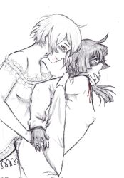 blood_drip blue_eyes cuntboy female female_on_top intersex jeanne simple_shading sketch strap-on vampire vanitas vanitas_no_carte yellow_eyes