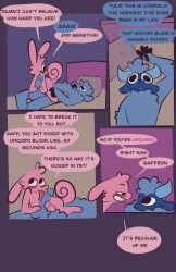 absurd_res anthro bed blush bovid caprine comic duo female furniture genitals hi_res lagomorph licking lying lying_on_another lying_on_bed male male/female mammal on_back on_bed oral penile penis penis_lick restricted_palette saffron_(unicorn_blood) sex sheep speech_bubble tongue tulip_(unicorn_blood) vanilla_candy