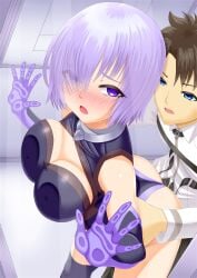 1boy against_glass ass bare_shoulders black_leotard black_pants black_thighhighs blue_eyes blush breast_press breasts brown_hair chaldea_uniform cleavage cleavage_cutout clothed_sex clothing_cutout collar collared_shirt elbow_gloves fate/grand_order fate_(series) female fujimaru_ritsuka_(male) gloves guriguri_(arayotto4351) hair_over_one_eye highleg highleg_leotard highres large_breasts leotard long_sleeves looking_at_viewer mash_kyrielight mash_kyrielight_(demi-servant) metal_collar open_mouth pants pink_hair purple_eyes purple_gloves sex sex_from_behind shirt short_hair straight thighhighs thighs white_shirt