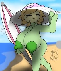 1girls 2d 2d_(artwork) ass background beach beach_background beach_hat beach_umbrella big_ass big_breasts big_butt big_hat big_thighs blurry_background breasts closed_eyes color colored cute cute_face detailed_background digital_art digital_drawing digital_drawing_(artwork) digital_media digital_media_(artwork) erect_nipples exibitionism eyelashes female female_focus female_only fully_nude green_body green_skin hair hanging_breasts hat hat_ribbon holding_hat holding_umbrella huge_breasts kura_(onyx_twilight) looking_around mude naked nipples nude_beach onyx_twilight original_character petal_hair plant plant_girl plant_hair plant_humanoid pokemon public_nudity ribbon simple_background smile smiling solo sunflora sunflower taller_female thick_thighs thighs umbrella walking