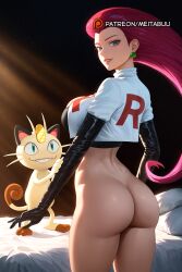ai_generated ass blue_eyes blue_hair breasts cleavage earrings female gloves green_eyes james_(pokemon) jessie_(pokemon) jewelry large_breasts long_hair looking_at_viewer looking_back meitabuu meowth on_bed parted_lips pink_hair pokemon pokemon_(anime) pokemon_(classic_anime) pokemon_(creature) red_hair smile solo standing team_rocket team_rocket_uniform thighs