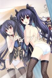 1girls ass black_hair black_legwear breasts changing changing_clothes changing_room dark_hair embarrassed embarrassed_female female fishnet_legwear fishnets head_turned hiding_breasts japanese_text legwear long_hair looking_at_viewer looking_back looking_back_at_viewer mirror mirror_reflection neptunia_(series) noire open_mouth panties red_eyes sample tagme tsunako twintails white_panties