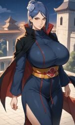 ai_generated akatsuki_(naruto) blue_hair coat kimono konan mature orange_eyes