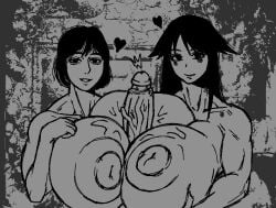 2girls areolae artist_request curyv female huge_breasts looking_at_viewer monochrome nipples tagme