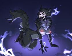 anthro black_body black_fur bone breasts canid canine claws collar fangs female fur hi_res mammal masvino nipple_piercing nipples nude piercing pink_nipples sharp_teeth skull skull_head skulldog_(species) solo tail teeth white_eyes