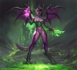 1girls armor bikini_armor black_hair blizzard_entertainment breasts burning_legion cleavage clothing colored_skin corrupted corruption dagger demon demon_girl demon_hunter demon_hunter_(warcraft) demon_wings facial_mark fel fel_corruption fel_fire female glowing_eyes green_eyes green_sclera horns humanoid jewelry knife large_breasts levelviolet looking_at_viewer magic magic_user monster_girl navel necklace night_elf piercing piercings pink_skin png pointy_ears purple_skin sayaad solo standing succubus succubus_(warcraft) sword tail warcraft weapon wings world_of_warcraft