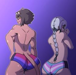 2females ass back_view bisexual_pride_colors brown_hair dark-skinned_female embarrassed female freckles freckles_on_ass latina panties pride_colors transgender transgender_pride_colors transgender_woman underwear white_background yellow_eyes