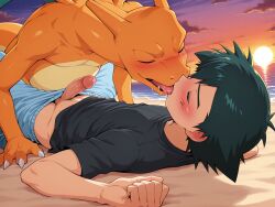 aged_up ai ai_assisted ai_generated anime anime_coloring anime_style black_shirt charizard erection french_kiss french_kissing friends frottage frotting game_freak jacket_removed jeans male nintendo pokemon pokephilia satoshi_(pokemon) t-shirt tongue unzipped_pants