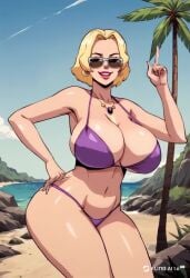 1girls ai_generated animated arms_behind_head ass bare_arms beach beach_background big_breasts bikini bikini_bottom bikini_top blonde_hair bra breasts creature_commandos dc dc_comics exposed_shoulders female female_focus female_only happy huge_ass huge_boobs huge_breasts ilana_rostovic jewelry large_boobs large_breasts large_hips light-skinned_female necklace ocean outdoors outside palm_tree panties short_hair smile solo solo_female solo_focus sound standing sunglasses swimsuit tagme tinted_eyewear video