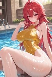 1girls ai_assisted breasts female goddess_of_victory:_nikke huge_breasts large_breasts leotard long_hair looking_at_viewer nihilister_(nikke) outdoors pool red_eyes red_hair red_hair wet wet_body yellow_leotard