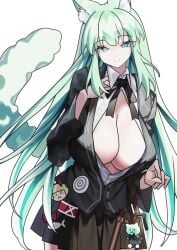 animal_ears arknights breasts cat_ears cat_girl cat_tail female green_eyes green_hair harmonie_(arknights) henz highres large_breasts long_hair looking_at_viewer shirt smile solo tail twitter white_shirt