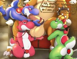 absurd_res anal anal_fingering anal_sex anthro ass ball_fondling ball_worship balls big_balls big_butt big_penis blue_yoshi blush bodily_fluids body_worship bondage bound bowser chair chastity_cage chastity_device collar cuff_(restraint) dialogue digital_media_(artwork) dinosaur english_text erection fellatio fingering fondling foreskin furniture genital_fluids genital_worship genitals green_yoshi grope group harem hi_res humanoid_genitalia humanoid_penis katauni king kissing kissing_balls leash male male/male mario_bros master/slave nintendo nude object_in_ass open_mouth oral oral_penetration penetration penile penis precum prehistoric_species red_yoshi reptile restraints royalty scalie sex sex_toy sex_toy_in_ass sex_toy_insertion shackles size_difference slave smile speech_bubble stroking_penis submissive tail tail_motion tailwag text thick_thighs throne tied_to_penis tongue tongue_out uncircumcised vibrator vibrator_in_ass yoshi