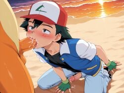 aged_up ai ai_assisted ai_generated anime anime_coloring anime_style beach blowjob blowjob_only charizard erection evening horny moaning pokemon pokephilia satoshi_(pokemon) satoshi_(pokemon)