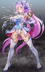 absurdres blue_eyes blush boots bow breasts clenched_teeth covered_navel covered_nipples crying elbow_gloves element_venus female female_ejaculation female_orgasm forced_orgasm full_body gloves hairbow high_heel_boots high_heels highres kisaragi_nozomi lactation lactation_through_clothes large_breasts legs_apart leotard long_hair magical_girl orgasm pink_hair ponytail projectile_lactation purple_hair pussy_juice pussy_juice_drip_through_clothes sex_toy shinsou_seiki_elementia sirano solo standing tears teeth thigh_boots thighhighs trembling very_long_hair vibrator vibrator_under_clothes white_gloves white_leotard white_thighhighs